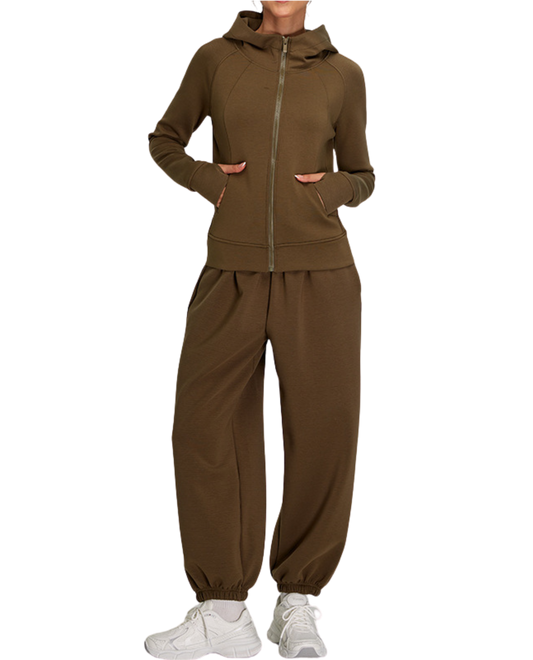 Damen-Sportbekleidung Set – Bequemer Sweatshirt & Locker sitzende Jogginghose für Yoga & Fitness - Army Green